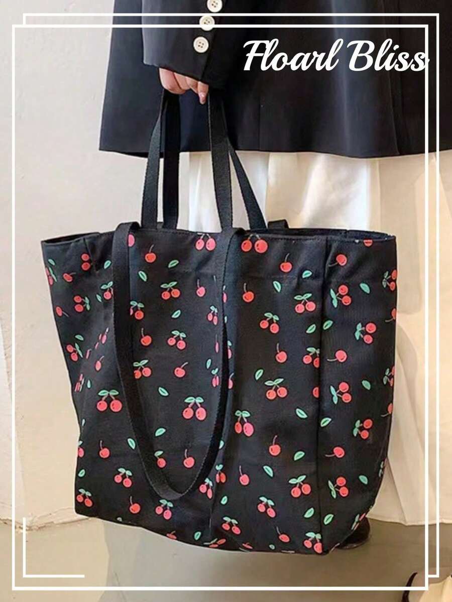 Floral Bliss Bag Fresh And Lovely Cherry Printed Multifunctional Tote Bag For Daily Activities And Shopping, Large Capacity Canvas Shoulder Bag For Travel And School, For Women And Girls, Kawaii Cherr