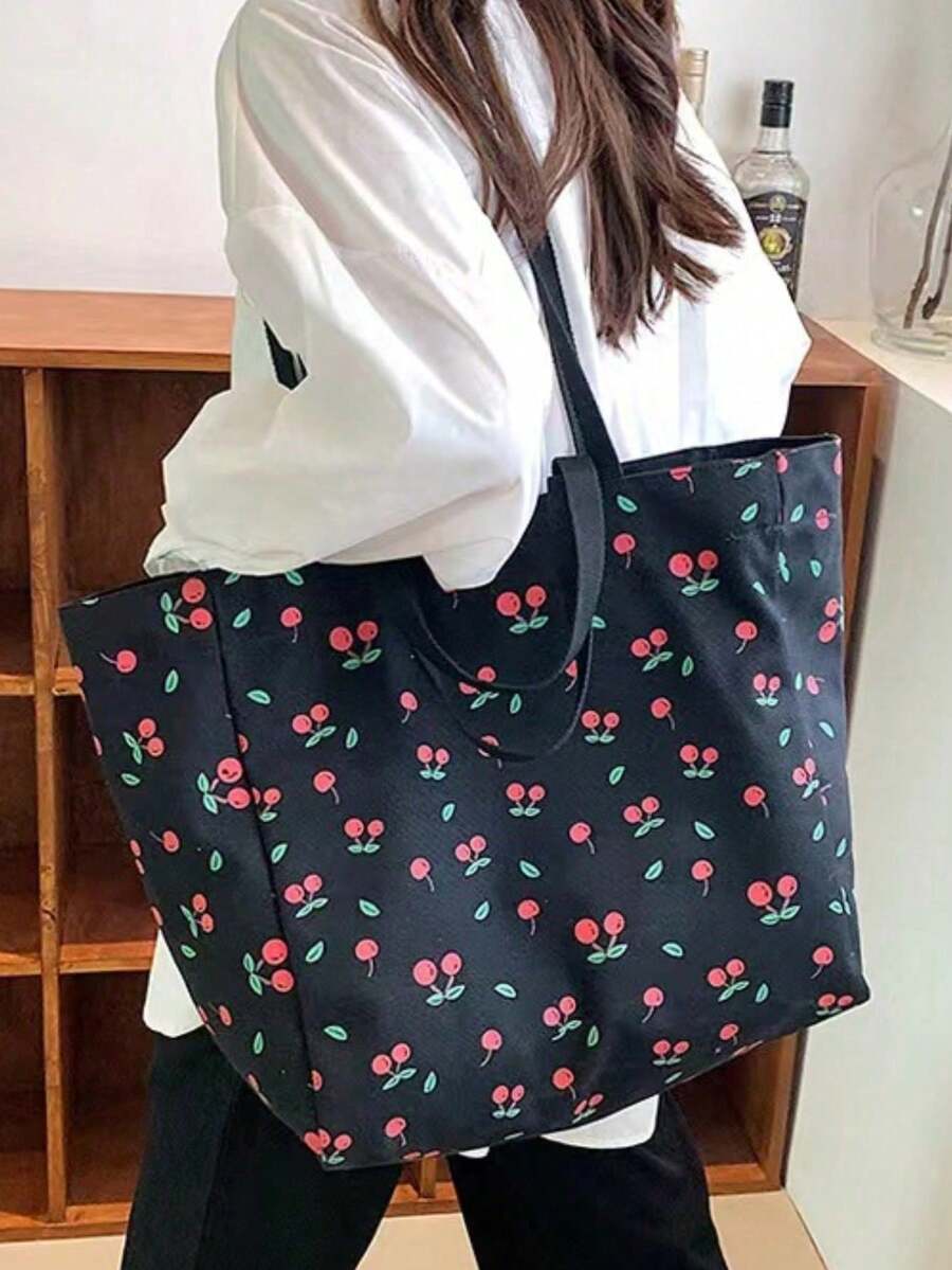 Floral Bliss Bag Fresh And Lovely Cherry Printed Multifunctional Tote Bag For Daily Activities And Shopping, Large Capacity Canvas Shoulder Bag For Travel And School, For Women And Girls, Kawaii Cherr