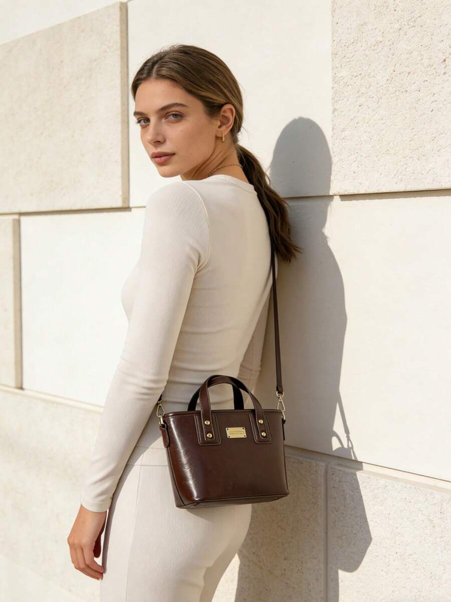 Women's Versatile Double Top Handle Crossbody Purse Vintage Bucket Handbag With Detachable Strap For Daily Use And Commuter