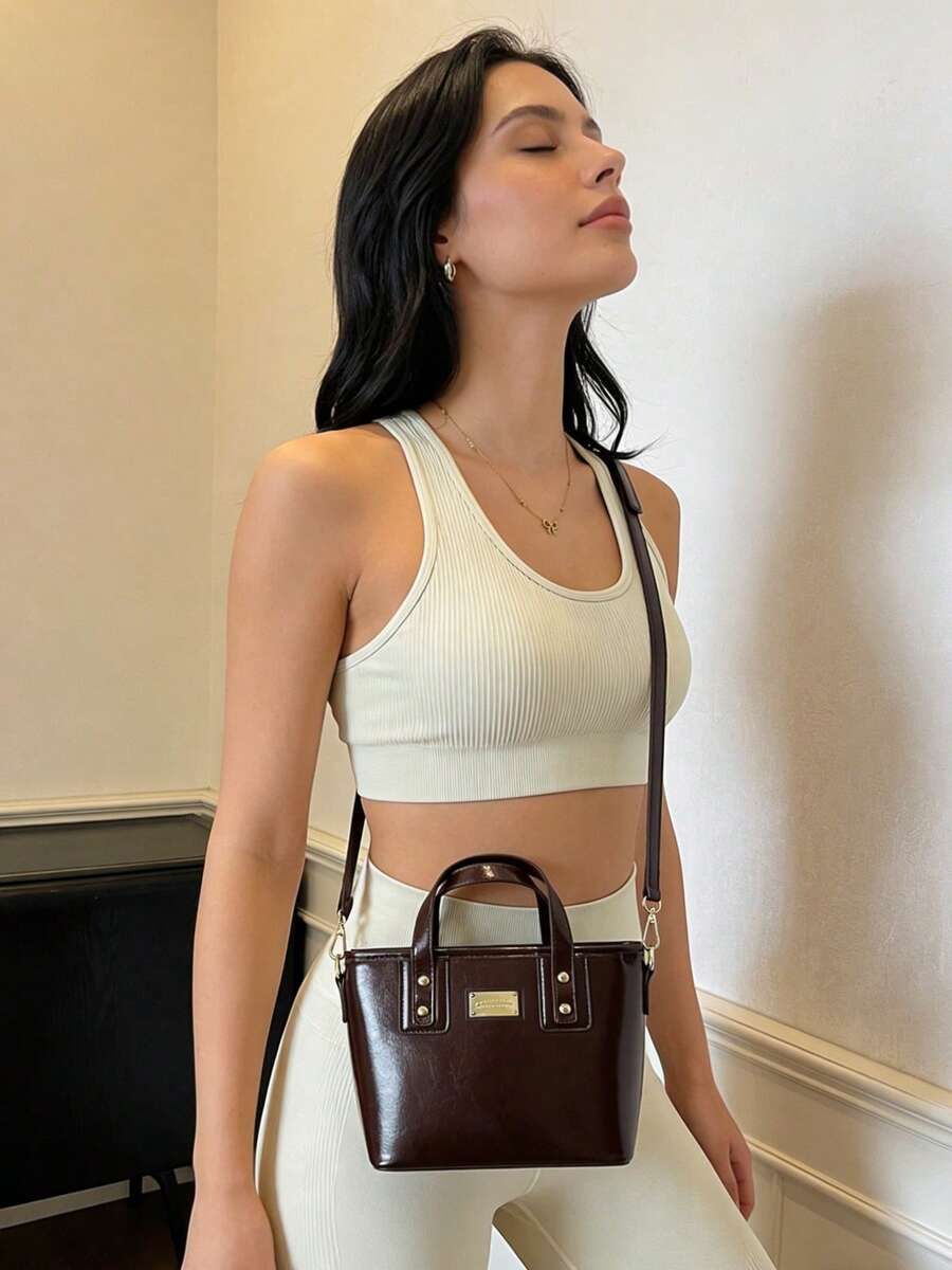 Women's Versatile Double Top Handle Crossbody Purse Vintage Bucket Handbag With Detachable Strap For Daily Use And Commuter