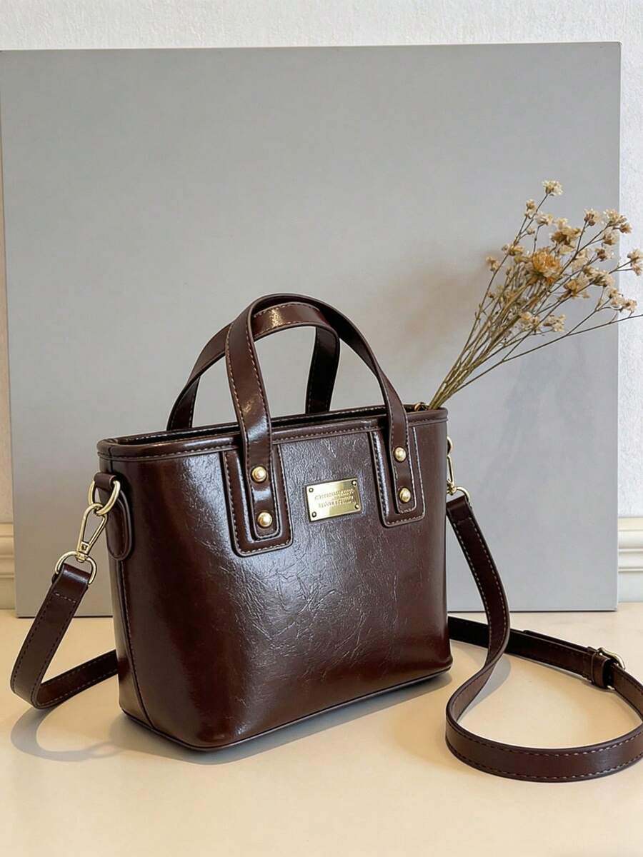 Women's Versatile Double Top Handle Crossbody Purse Vintage Bucket Handbag With Detachable Strap For Daily Use And Commuter