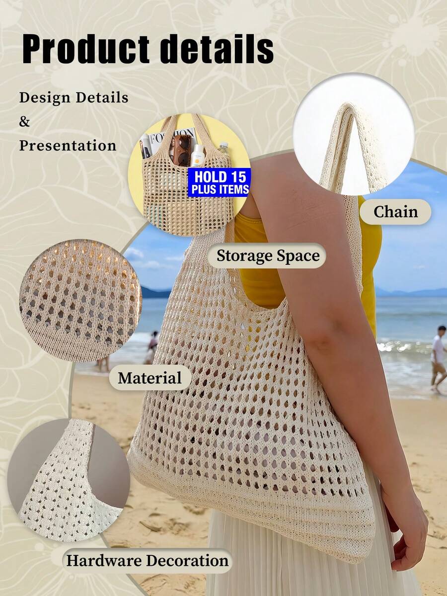 Hollow Knit Hollow Out Tote Bag Casual Crochet Mesh Shoulder Handbag Large Capacity Lightweight Reusable Shopping Bag For Women Daily Travel Beach