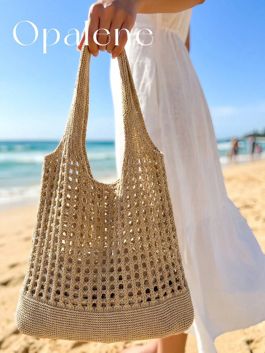 Hollow Knit Hollow Out Tote Bag Casual Crochet Mesh Shoulder Handbag Large Capacity Lightweight Reusable Shopping Bag For Women Daily Travel Beach