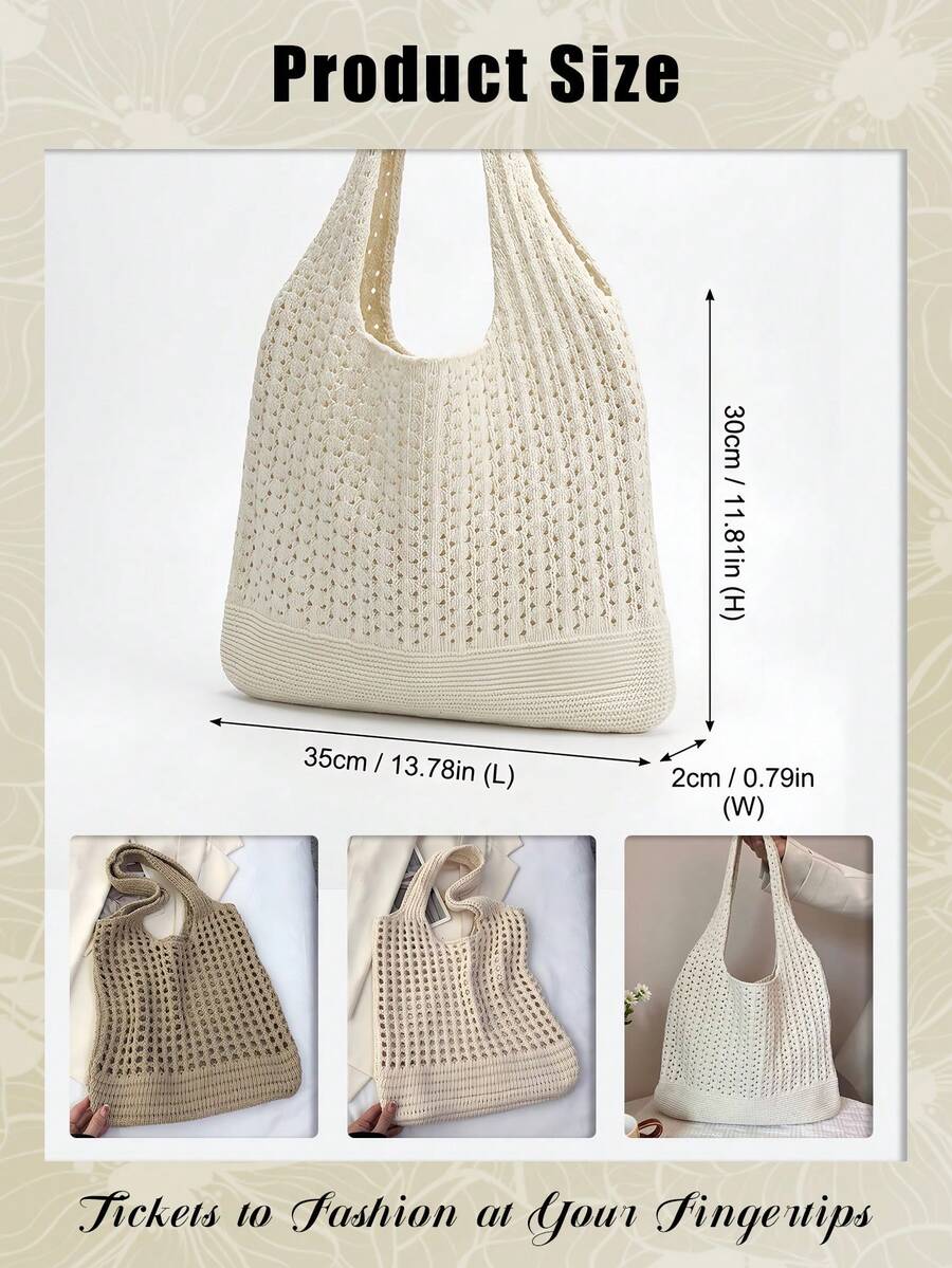 Hollow Knit Hollow Out Tote Bag Casual Crochet Mesh Shoulder Handbag Large Capacity Lightweight Reusable Shopping Bag For Women Daily Travel Beach