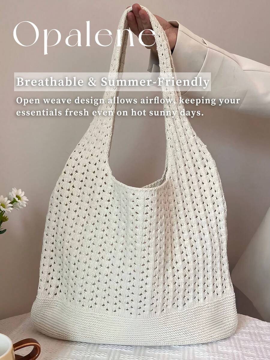 Hollow Knit Hollow Out Tote Bag Casual Crochet Mesh Shoulder Handbag Large Capacity Lightweight Reusable Shopping Bag For Women Daily Travel Beach