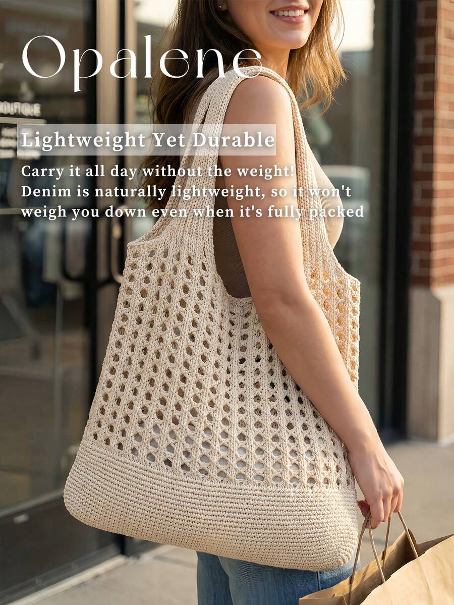 Hollow Knit Hollow Out Tote Bag Casual Crochet Mesh Shoulder Handbag Large Capacity Lightweight Reusable Shopping Bag For Women Daily Travel Beach