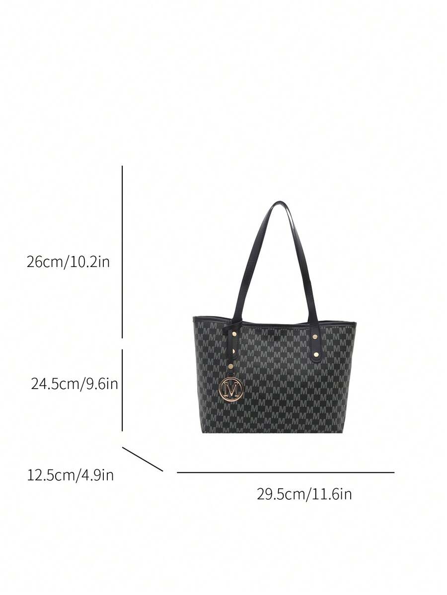 1pc All-Over Print Shoulder Bag, Vintage Letter Print Crossbody Bag, Large Capacity Tote Bag, Perfect Underarm Bag For Commuting (Random Left/Right Pendant)