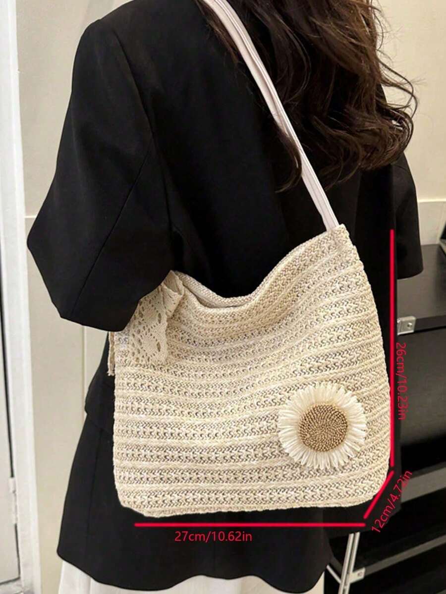 Chic Sunflower Woven Tote Bag, 2025 New Arrival Fashion Shoulder Bag, Korean Style Beach Woven Handbag For Women, Beach Necessities,Straw Bag