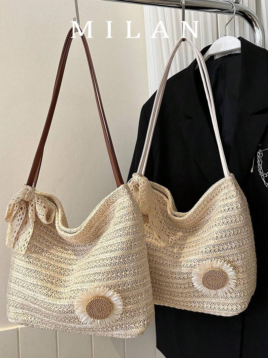 Chic Sunflower Woven Tote Bag, 2025 New Arrival Fashion Shoulder Bag, Korean Style Beach Woven Handbag For Women, Beach Necessities,Straw Bag