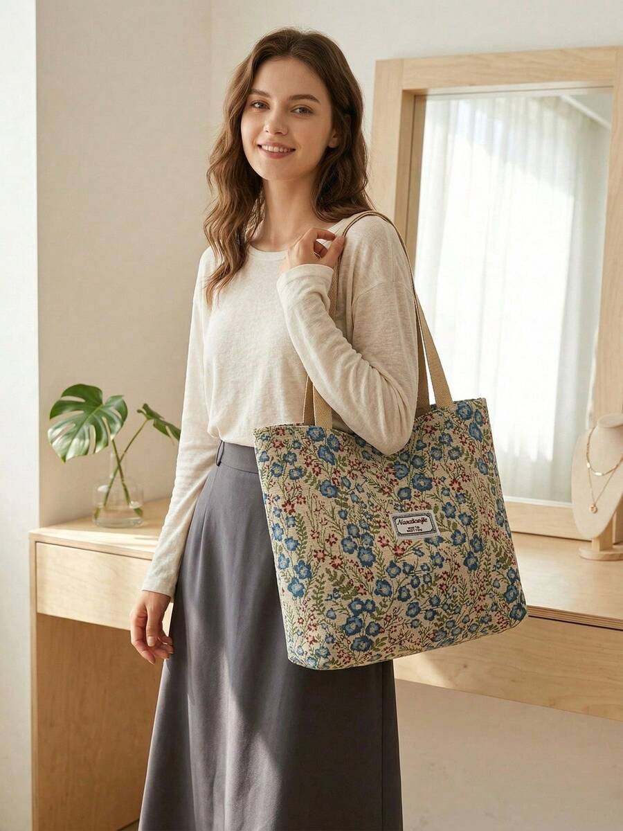 1/2/3PACK Stylish Vintage Canvas Tote Bag For Women Large Capacity Shoulder Bag Floral Print Handbag With Zipper For Vacation And Mother's Day