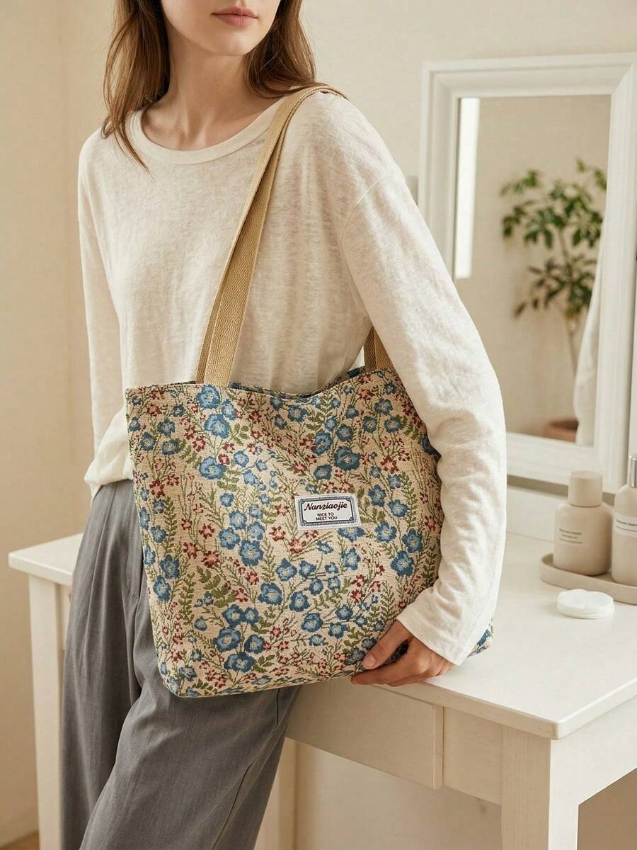 1/2/3PACK Stylish Vintage Canvas Tote Bag For Women Large Capacity Shoulder Bag Floral Print Handbag With Zipper For Vacation And Mother's Day