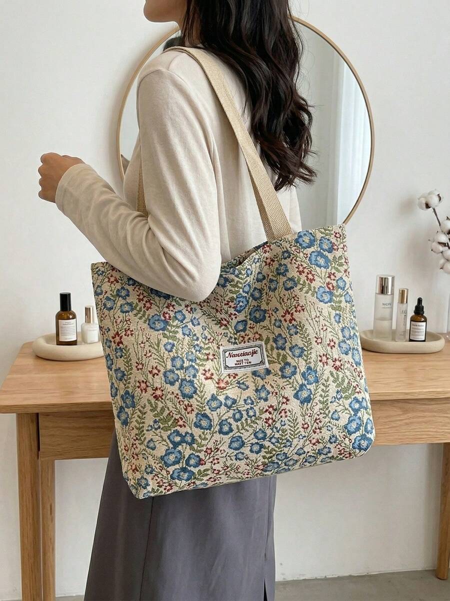 1/2/3PACK Stylish Vintage Canvas Tote Bag For Women Large Capacity Shoulder Bag Floral Print Handbag With Zipper For Vacation And Mother's Day