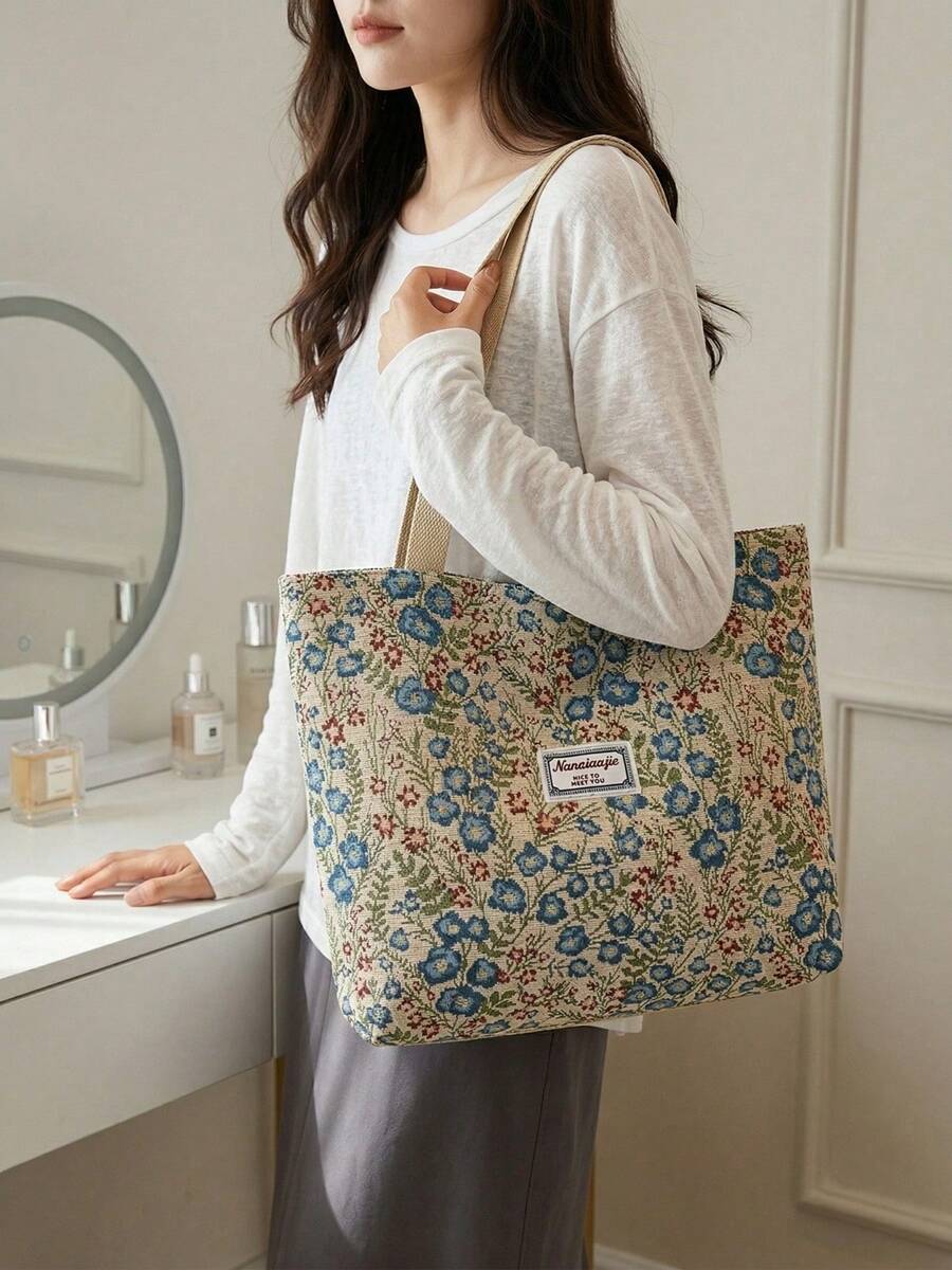 1/2/3PACK Stylish Vintage Canvas Tote Bag For Women Large Capacity Shoulder Bag Floral Print Handbag With Zipper For Vacation And Mother's Day