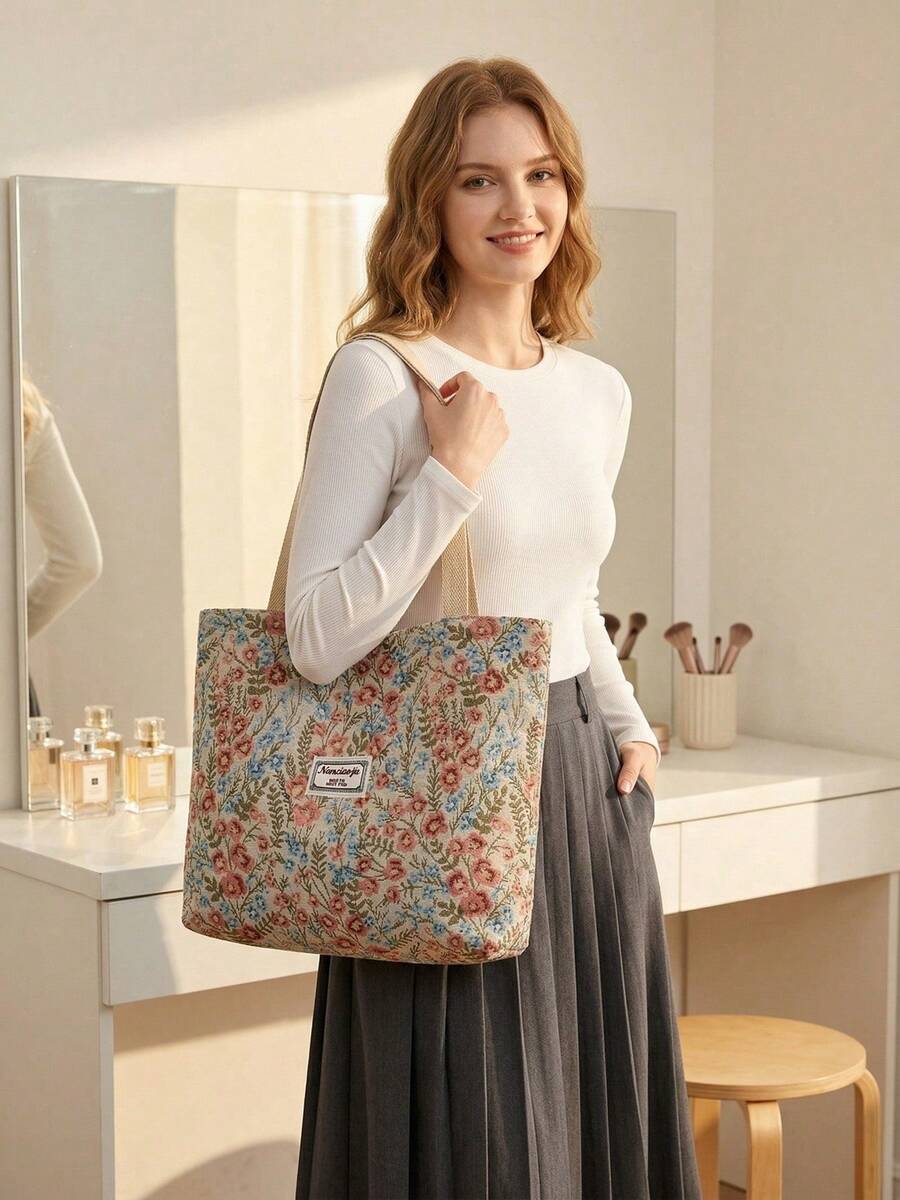 1/2/3PACK Stylish Vintage Canvas Tote Bag For Women Large Capacity Shoulder Bag Floral Print Handbag With Zipper For Vacation And Mother's Day