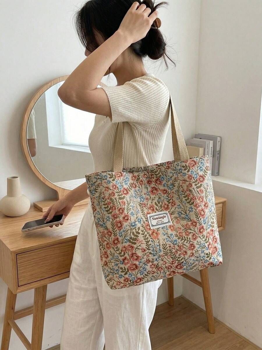 Women's 1/2/3 Pack Stylish Floral Print Tote Bag Large Capacity Canvas Shoulder Bag Vintage Handbag With Zipper Closure For Office And Mom Gift