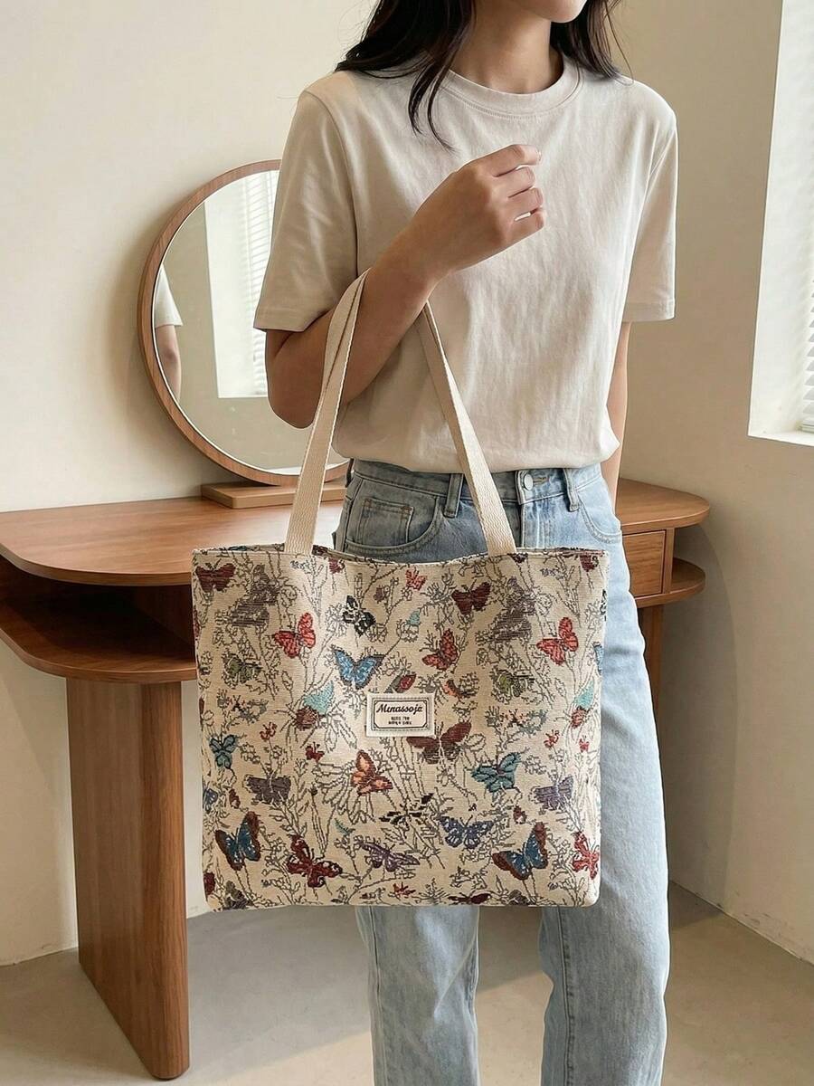 1/2/3 Pcs Stylish Vintage Canvas Tote Bag For Women Large Capacity Shoulder Bag Casual Butterfly Print Handbag With Zipper For Vacation And Mother's Day