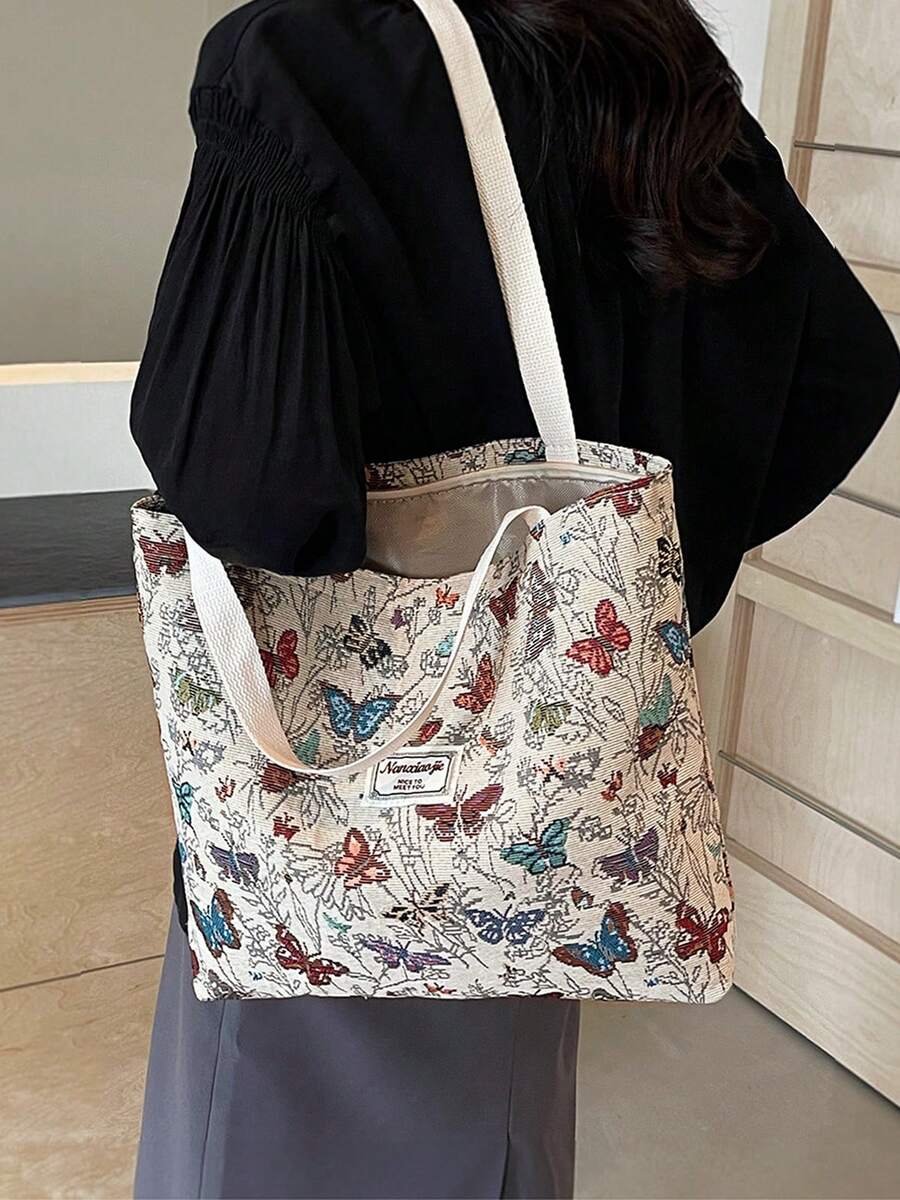 1/2/3 Pcs Stylish Vintage Canvas Tote Bag For Women Large Capacity Shoulder Bag Casual Butterfly Print Handbag With Zipper For Vacation And Mother's Day