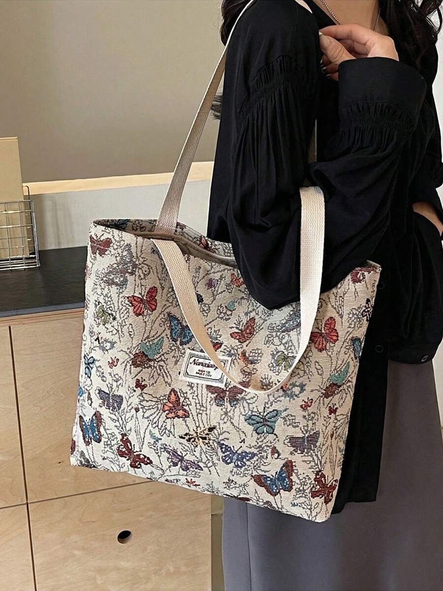 1/2/3 Pcs Stylish Vintage Canvas Tote Bag For Women Large Capacity Shoulder Bag Casual Butterfly Print Handbag With Zipper For Vacation And Mother's Day