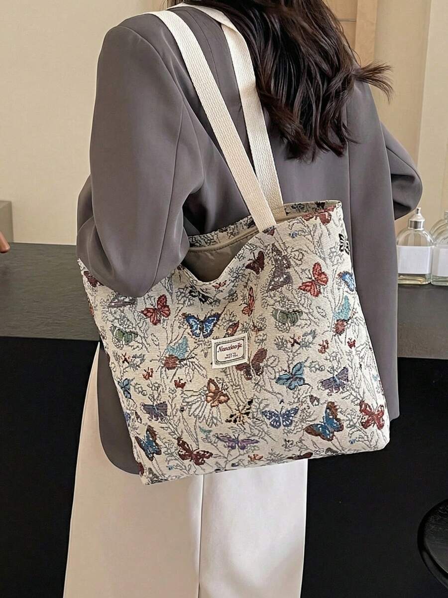 1/2/3 Pcs Stylish Vintage Canvas Tote Bag For Women Large Capacity Shoulder Bag Casual Butterfly Print Handbag With Zipper For Vacation And Mother's Day