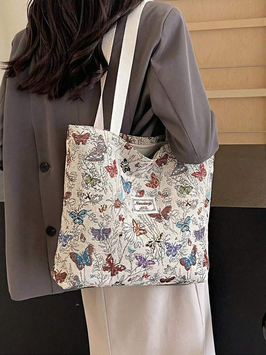 1/2/3 Pcs Stylish Vintage Canvas Tote Bag For Women Large Capacity Shoulder Bag Casual Butterfly Print Handbag With Zipper For Vacation And Mother's Day