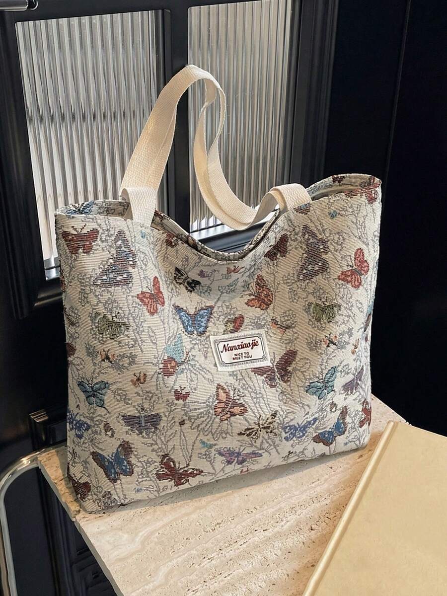 1/2/3 Pcs Stylish Vintage Canvas Tote Bag For Women Large Capacity Shoulder Bag Casual Butterfly Print Handbag With Zipper For Vacation And Mother's Day