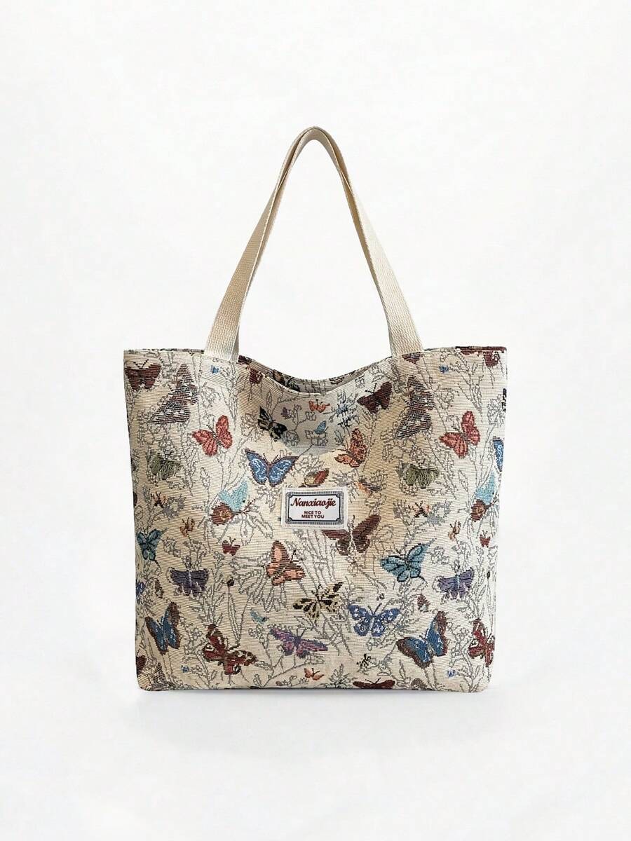 1/2/3 Pcs Stylish Vintage Canvas Tote Bag For Women Large Capacity Shoulder Bag Casual Butterfly Print Handbag With Zipper For Vacation And Mother's Day