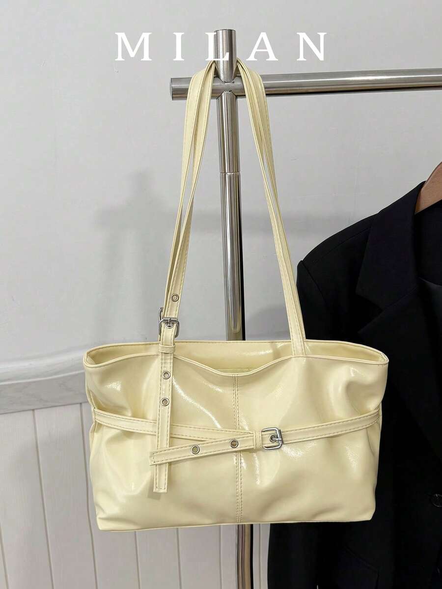 1pc Vintage Large Capacity Tote Bag, Commuter Oversized Underarm Bag, Fashion Motorcycle Handbag, PU Solid Color Oiled Wax Leather, Strap Decor, Zipper Closure, Women's Shoulder Bag For Work, School