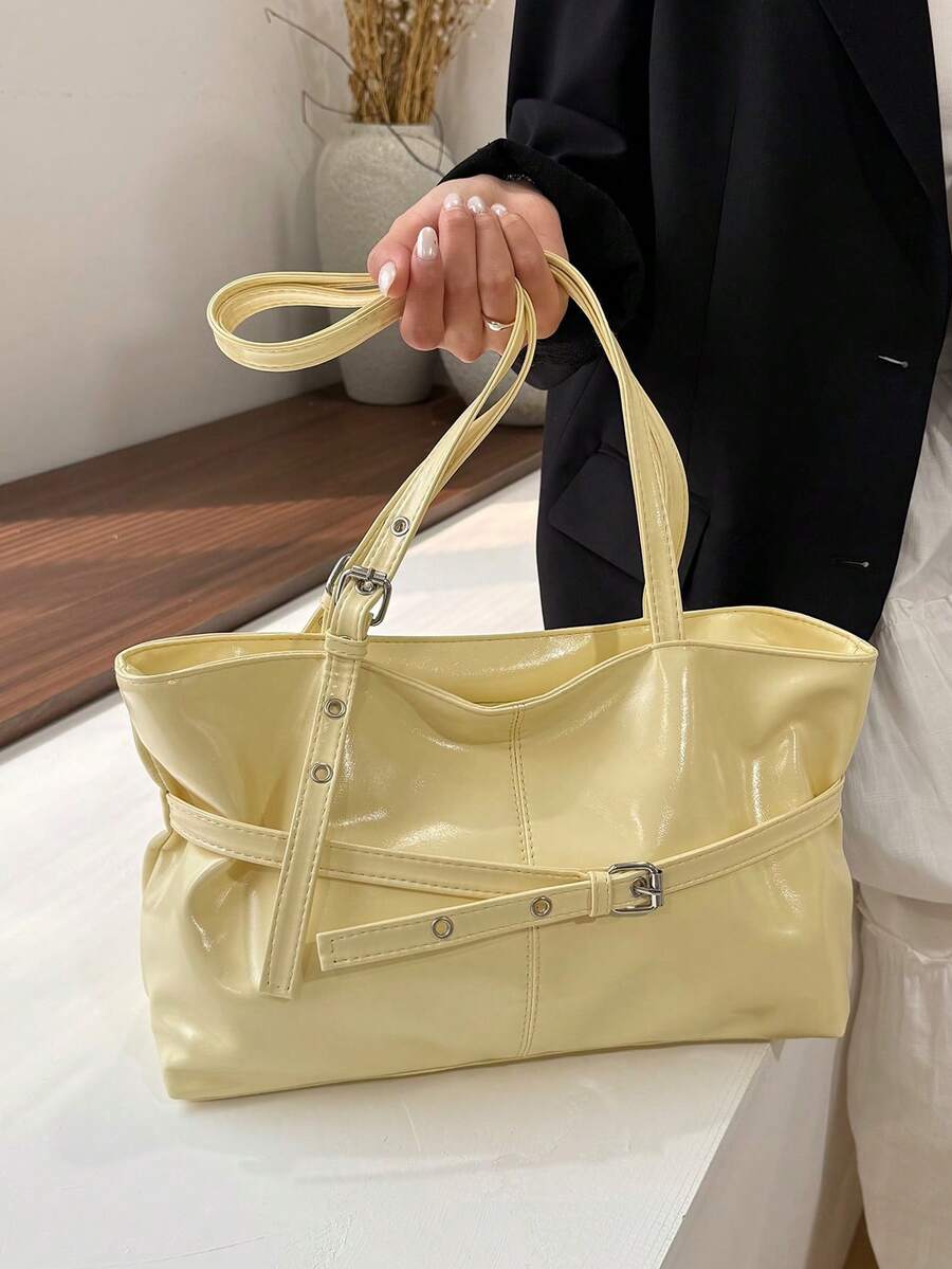 1pc Vintage Large Capacity Tote Bag, Commuter Oversized Underarm Bag, Fashion Motorcycle Handbag, PU Solid Color Oiled Wax Leather, Strap Decor, Zipper Closure, Women's Shoulder Bag For Work, School