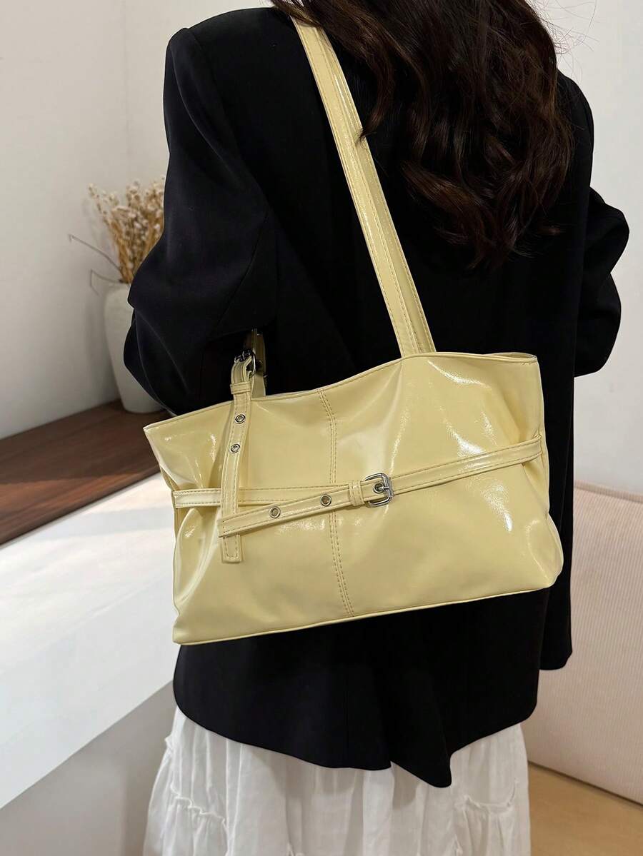 1pc Vintage Large Capacity Tote Bag, Commuter Oversized Underarm Bag, Fashion Motorcycle Handbag, PU Solid Color Oiled Wax Leather, Strap Decor, Zipper Closure, Women's Shoulder Bag For Work, School