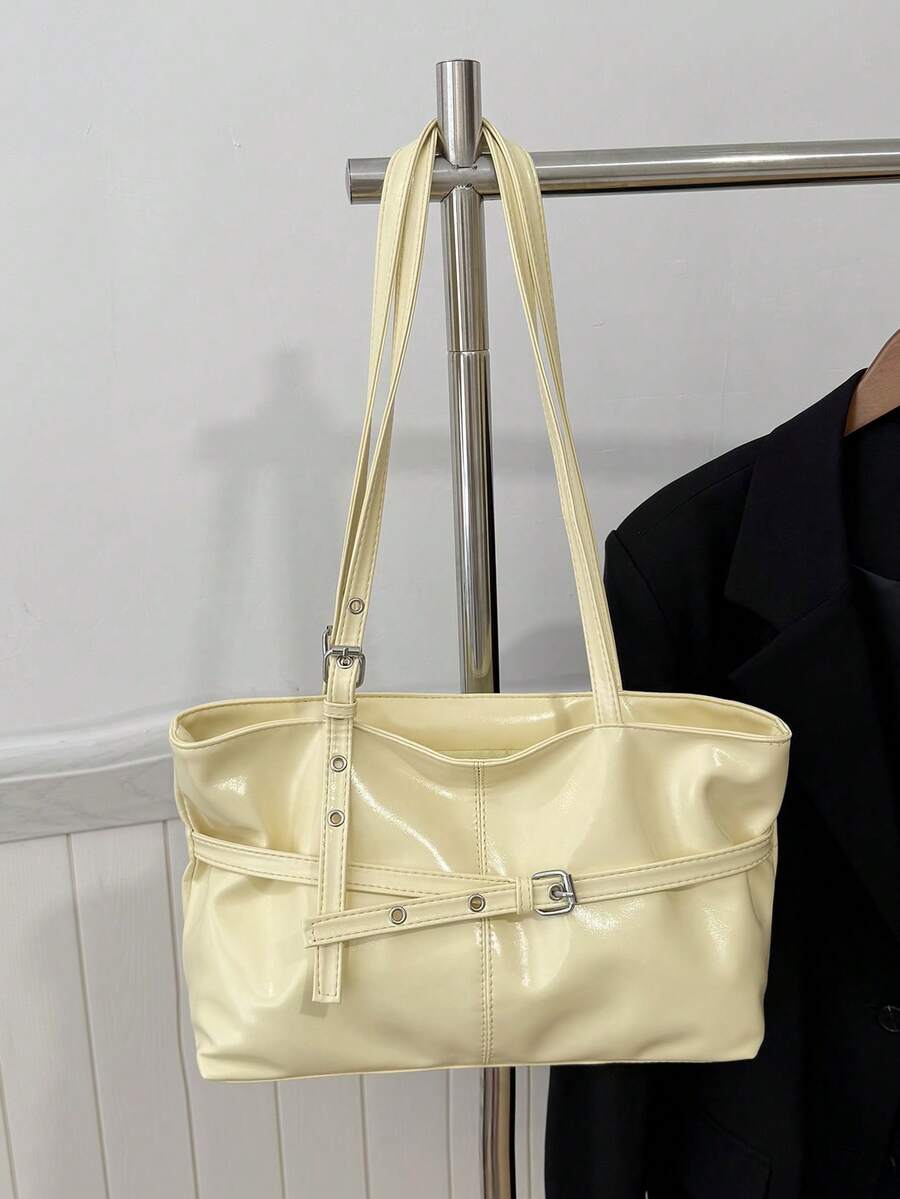 1pc Vintage Large Capacity Tote Bag, Commuter Oversized Underarm Bag, Fashion Motorcycle Handbag, PU Solid Color Oiled Wax Leather, Strap Decor, Zipper Closure, Women's Shoulder Bag For Work, School