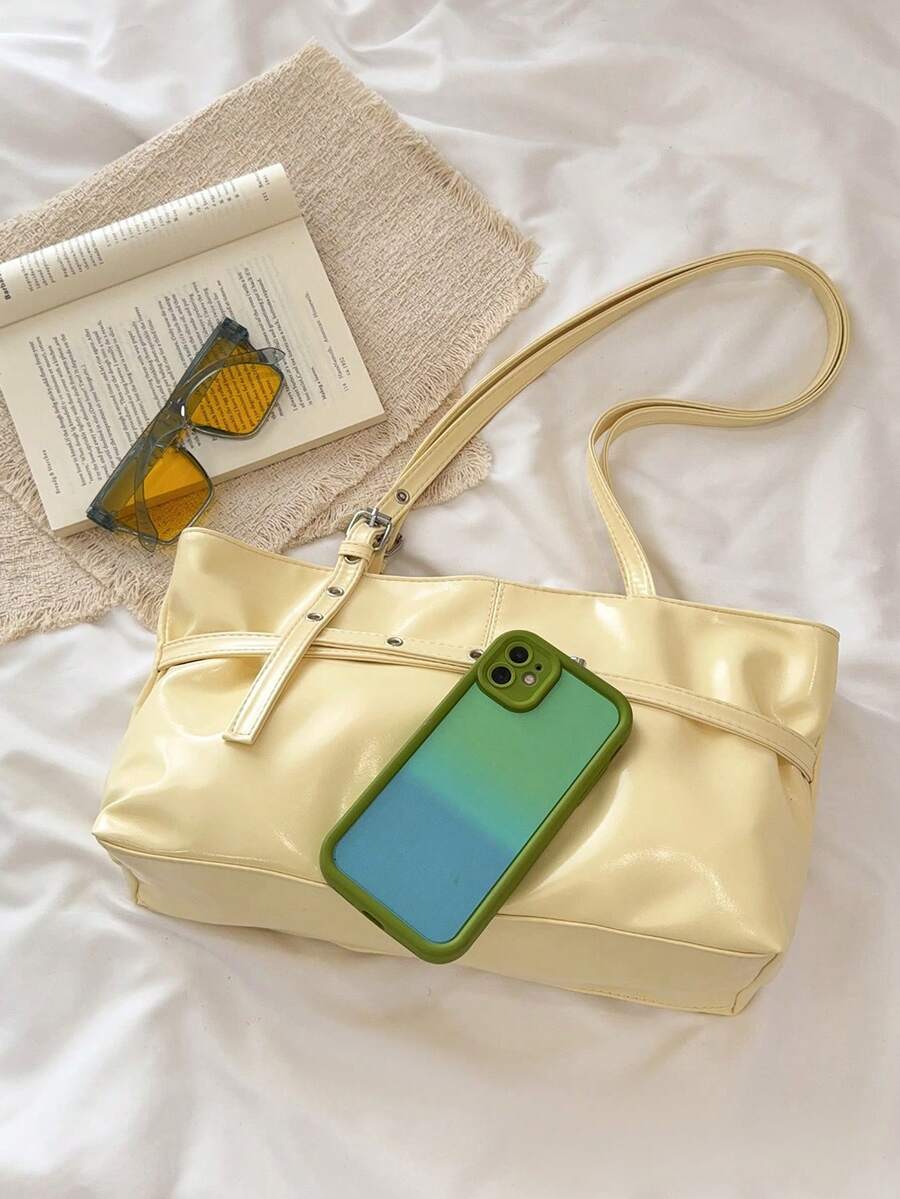 1pc Vintage Large Capacity Tote Bag, Commuter Oversized Underarm Bag, Fashion Motorcycle Handbag, PU Solid Color Oiled Wax Leather, Strap Decor, Zipper Closure, Women's Shoulder Bag For Work, School