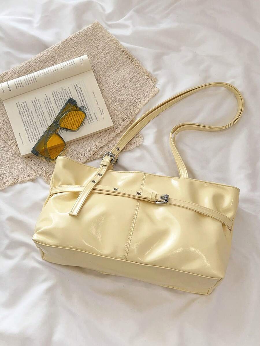 1pc Vintage Large Capacity Tote Bag, Commuter Oversized Underarm Bag, Fashion Motorcycle Handbag, PU Solid Color Oiled Wax Leather, Strap Decor, Zipper Closure, Women's Shoulder Bag For Work, School