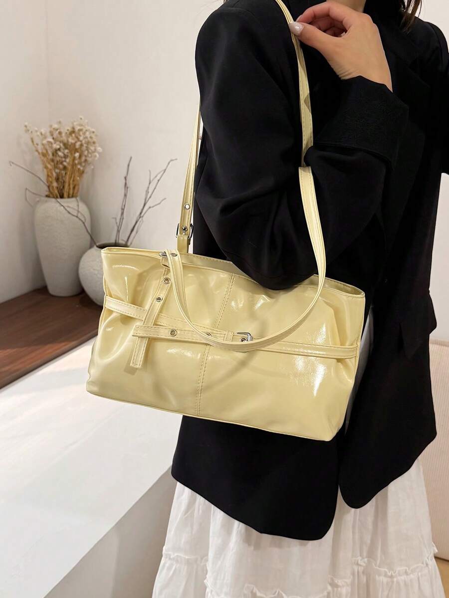 1pc Vintage Large Capacity Tote Bag, Commuter Oversized Underarm Bag, Fashion Motorcycle Handbag, PU Solid Color Oiled Wax Leather, Strap Decor, Zipper Closure, Women's Shoulder Bag For Work, School