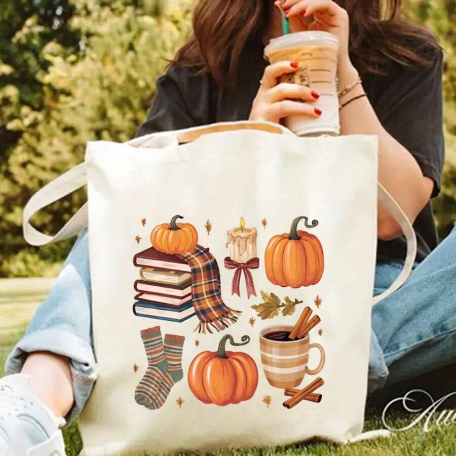 Ladies' And Unisex Autumn Tote Bag- Featuring A Charming Harvest Design With Check Patterns, Pumpkins, Cinnamon Sticks, And Books In Warm Shades Of Orange, Brown, And Beige- A Durable Casual Handbag