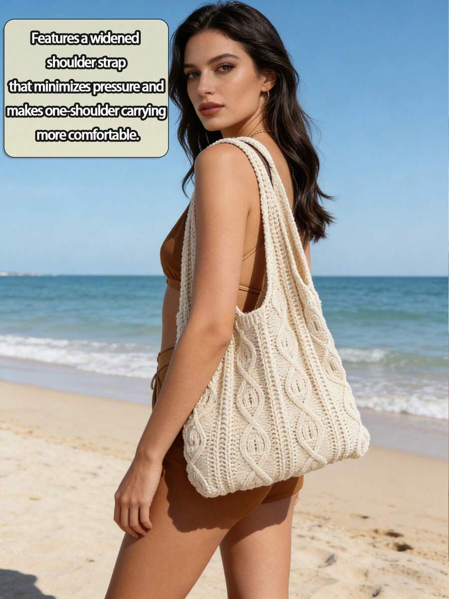 Crochet Tote Bag For Women Knitted Shoulder Beach Bag Vintage Hollow Weaving Large Capacity Floral Decor Shopping Summer Handbag Essentials Travel