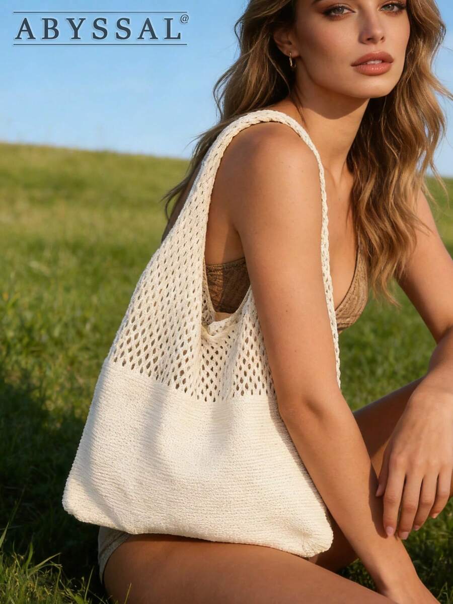 Crochet Tote Bag For Women Knitted Shoulder Beach Bag Vintage Hollow Weaving Large Capacity Floral Decor Shopping Summer Handbag Essentials Travel