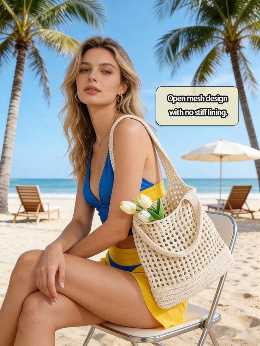 Crochet Tote Bag For Women Knitted Shoulder Beach Bag Vintage Hollow Weaving Large Capacity Floral Decor Shopping Summer Handbag Essentials Travel