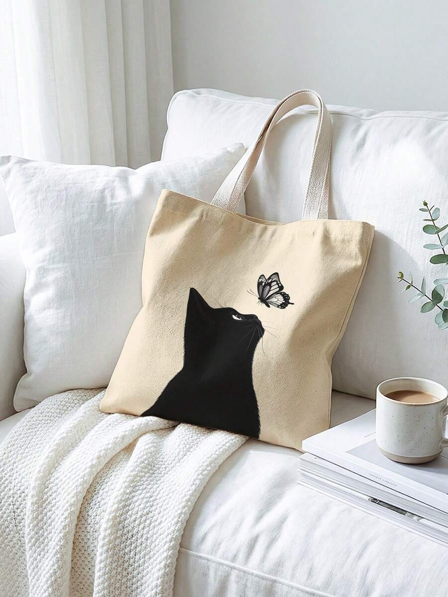 Cat & Dog Print Reversible Shoulder Tote Bag, Casual Travel Beach Bag, Large Capacity Reusable Shoulder Shopping Bag, Women Casual Shoulder Handbag, Large Capacity Canvas Beach Bag Tote, Printed Women