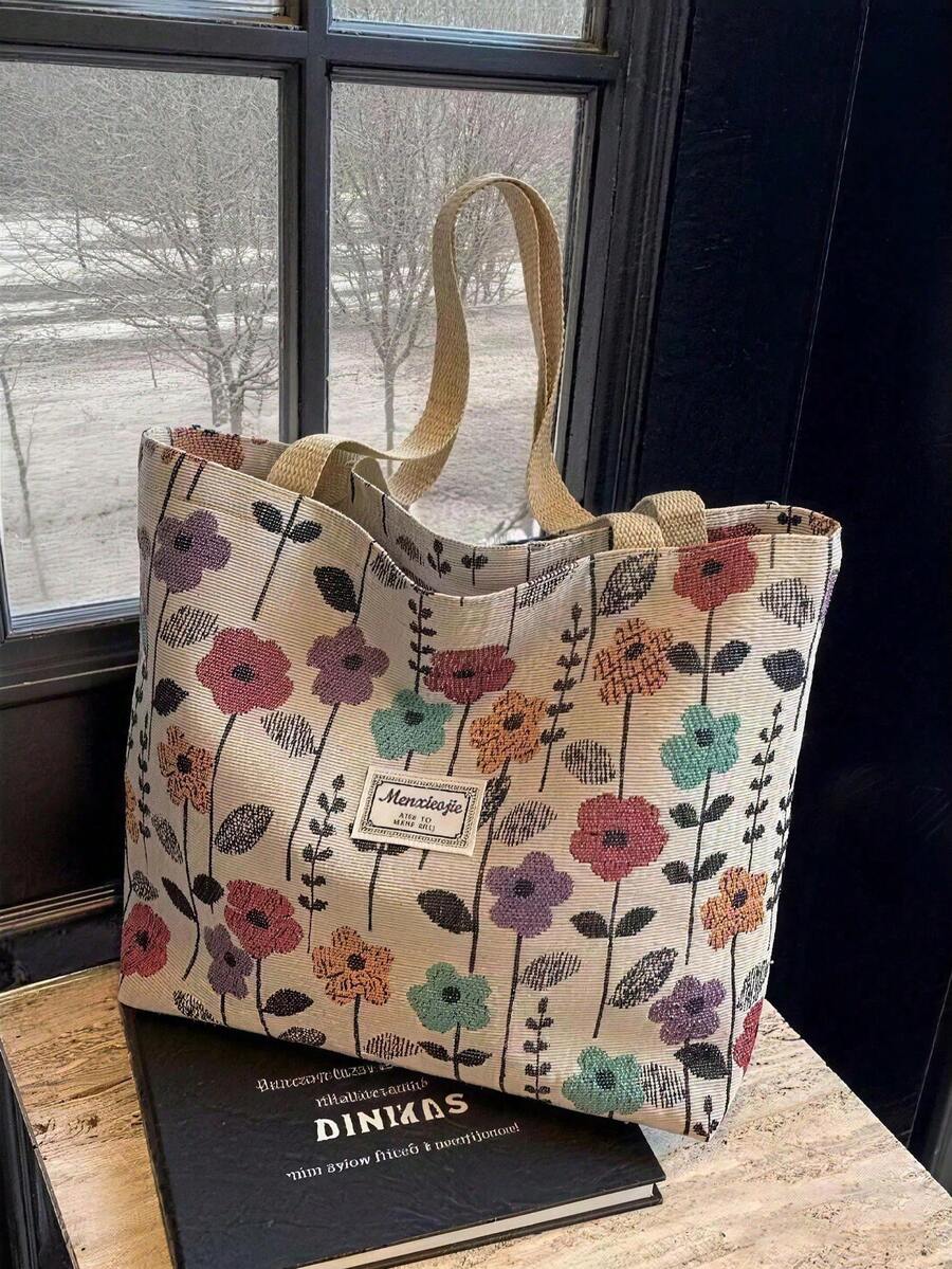 Large Capacity Zipper Shoulder Tote Bag, Floral Print With Decorative Scarf, Suitable For Work, School, Commuting Or Daily Casual Use
