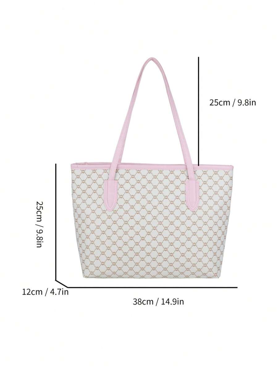 All-Over Print Shoulder Tote Bag, Vintage Letter Print Tote Bag, Large Capacity Shoulder Bag, Perfect Commuter Underarm Bag, Women's Handbag