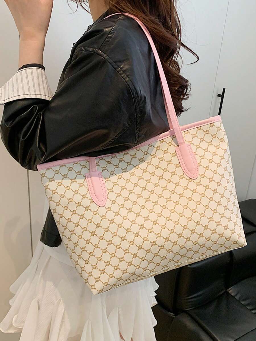 All-Over Print Shoulder Tote Bag, Vintage Letter Print Tote Bag, Large Capacity Shoulder Bag, Perfect Commuter Underarm Bag, Women's Handbag