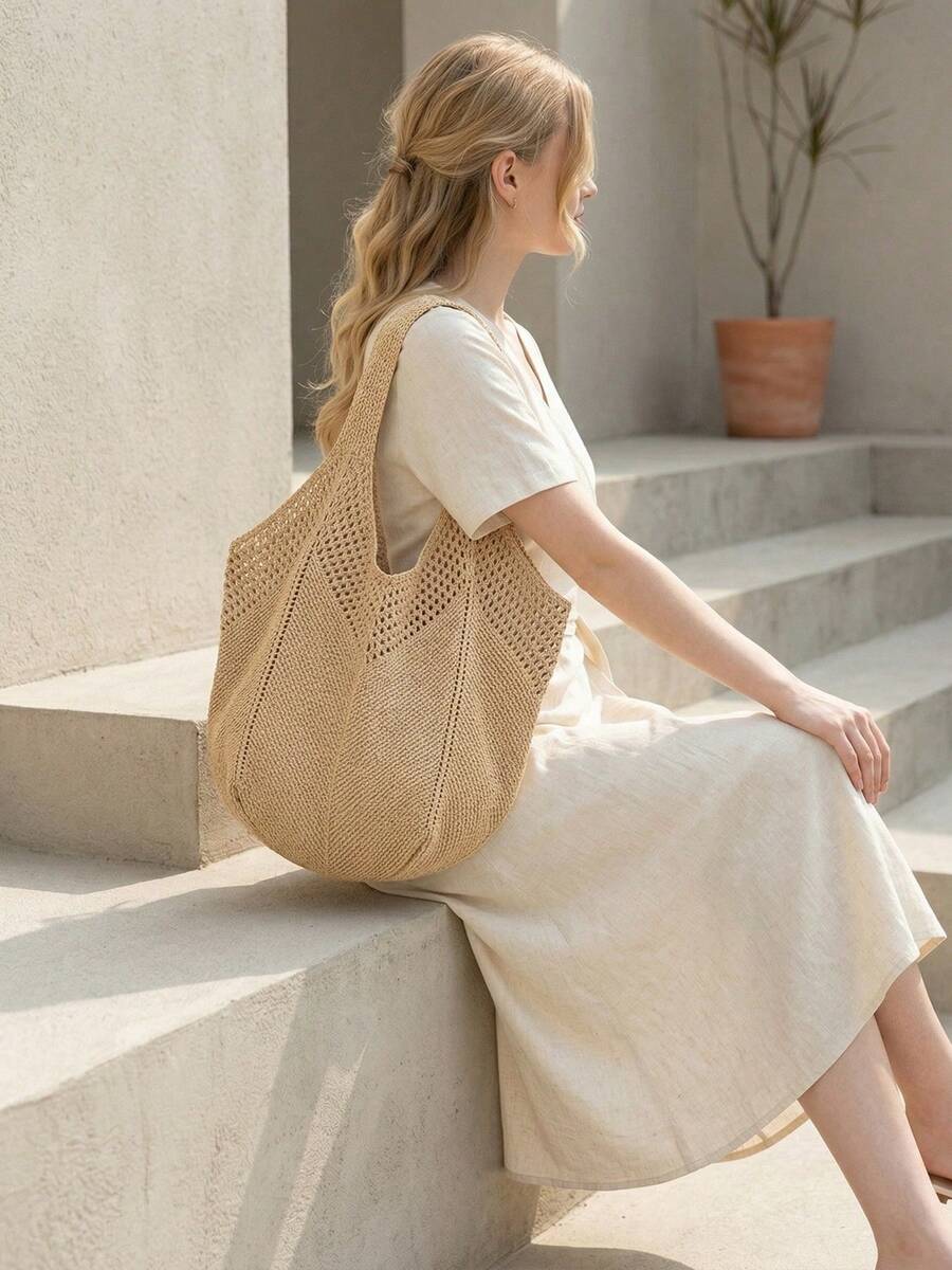 Women's Casual Hollow Out Tote Bag Solid Color Crochet Handbag Lightweight Shoulder Bag For Daily Use And Vacation