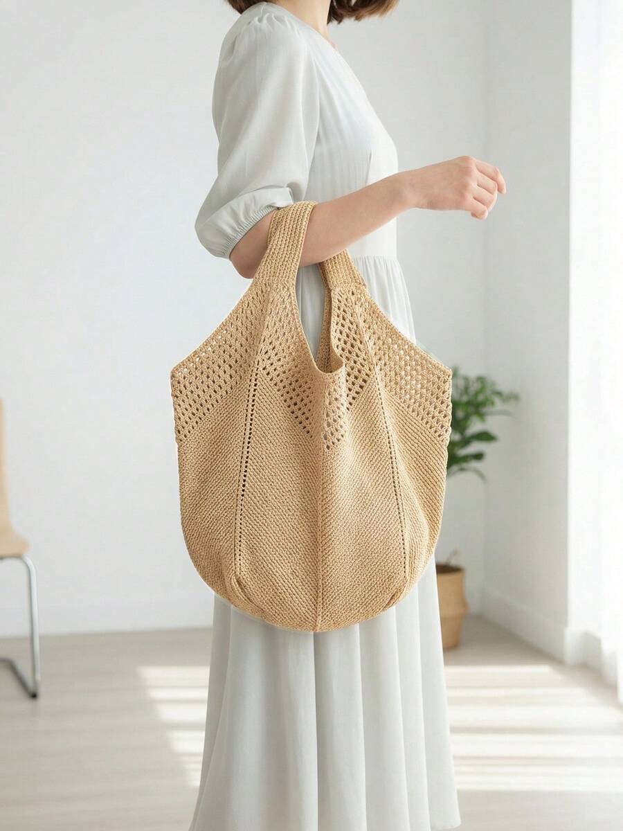 Women's Casual Hollow Out Tote Bag Solid Color Crochet Handbag Lightweight Shoulder Bag For Daily Use And Vacation