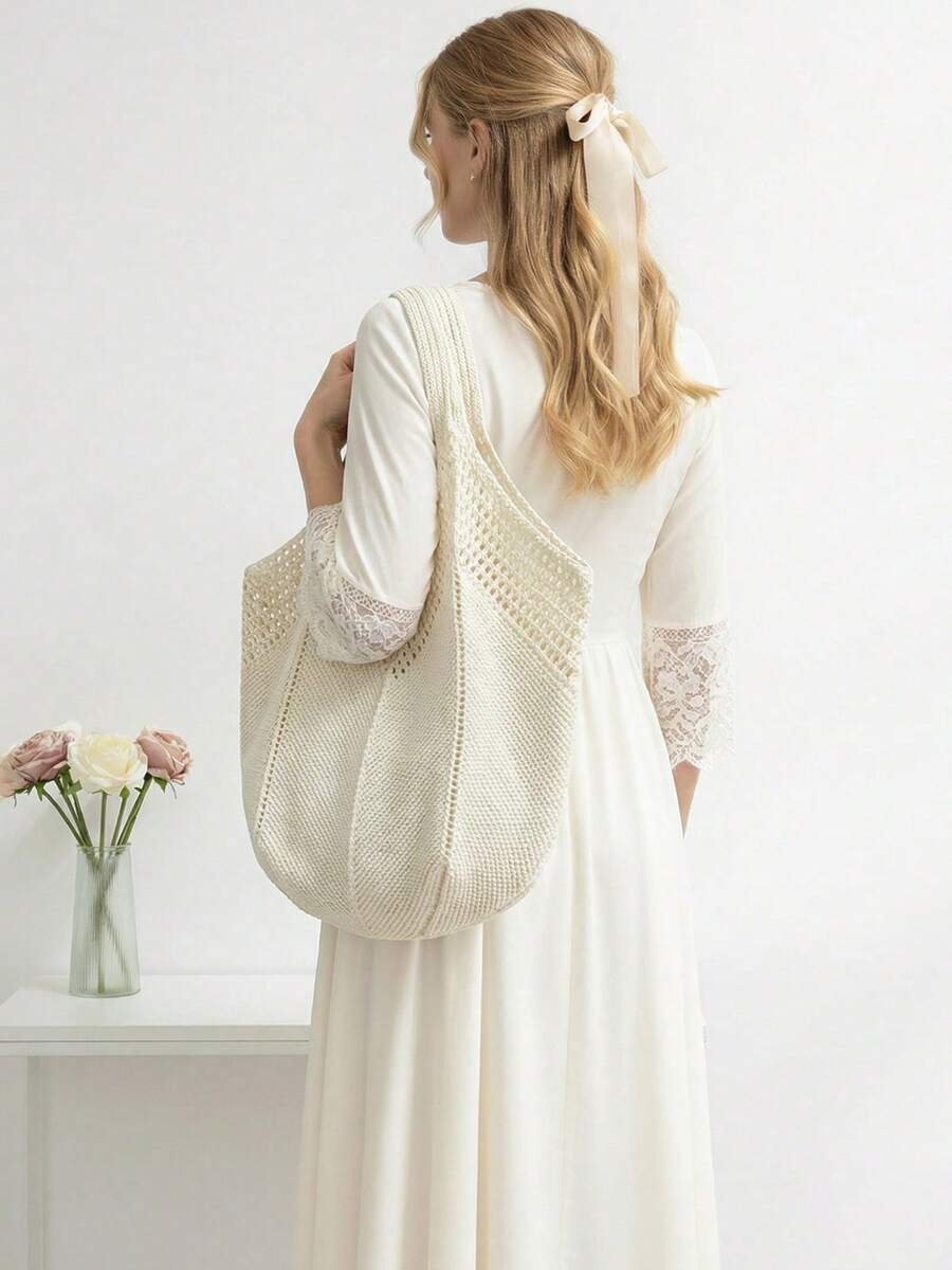 Women's Casual Hollow Out Tote Bag Solid Color Crochet Handbag Lightweight Shoulder Bag For Daily Use And Vacation