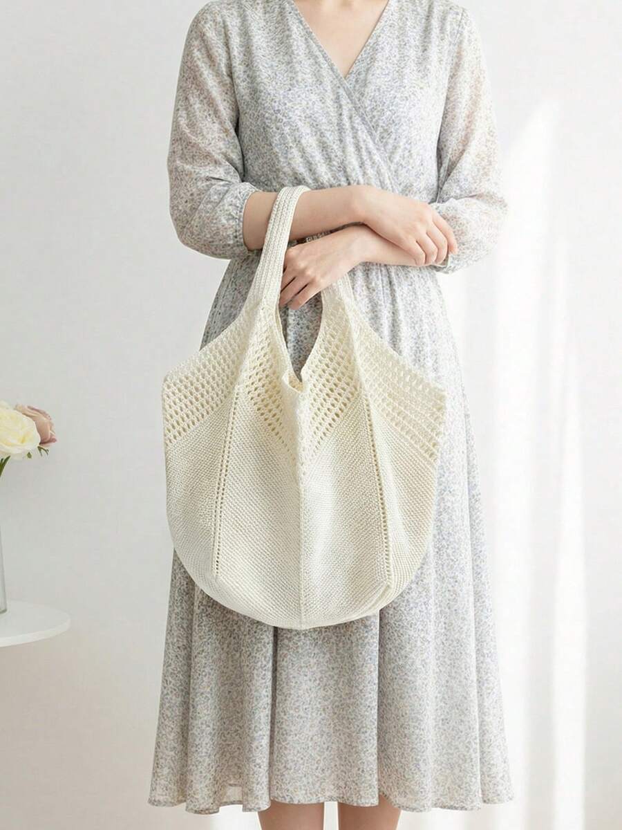 Women's Casual Hollow Out Tote Bag Solid Color Crochet Handbag Lightweight Shoulder Bag For Daily Use And Vacation