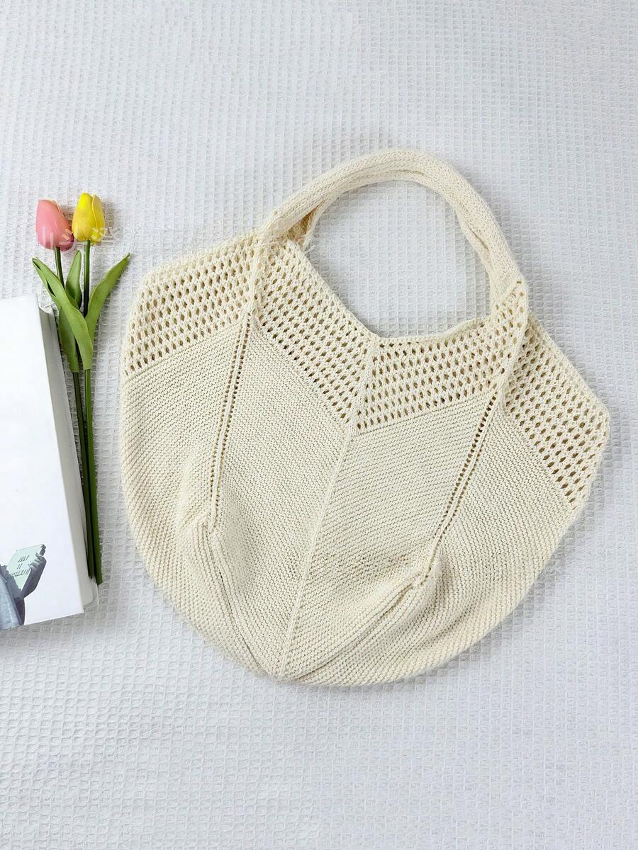 Women's Casual Hollow Out Tote Bag Solid Color Crochet Handbag Lightweight Shoulder Bag For Daily Use And Vacation