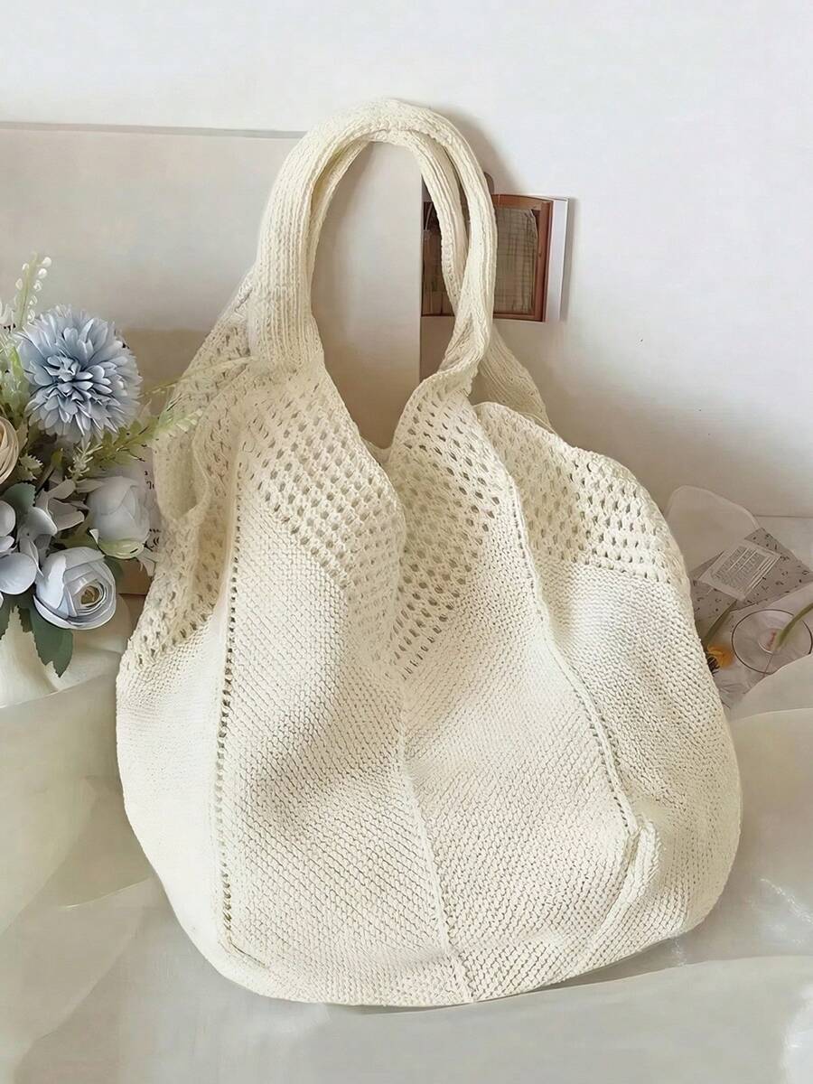 Women's Casual Hollow Out Tote Bag Solid Color Crochet Handbag Lightweight Shoulder Bag For Daily Use And Vacation