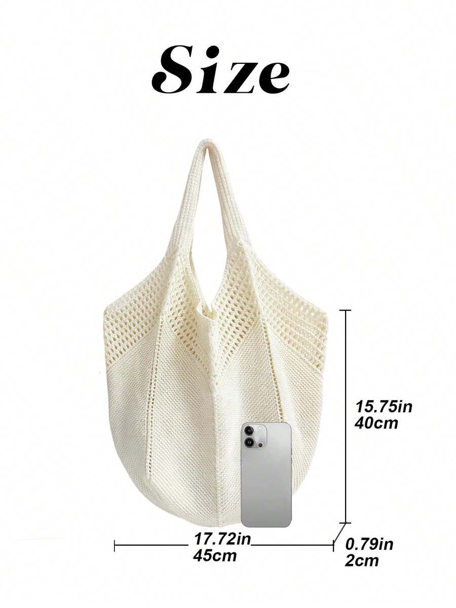 Women's Casual Hollow Out Tote Bag Solid Color Crochet Handbag Lightweight Shoulder Bag For Daily Use And Vacation