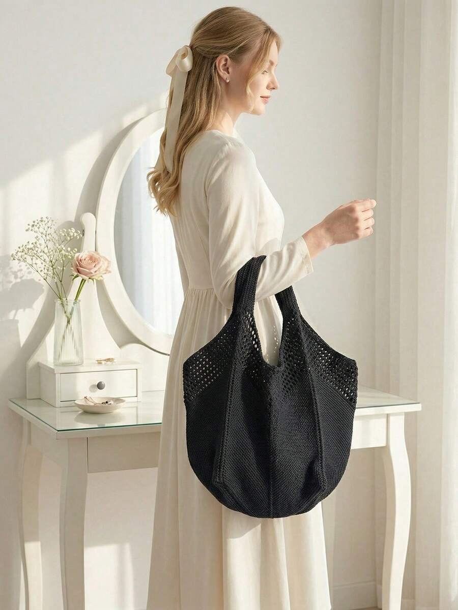 Women's Casual Hollow Out Tote Bag Solid Color Crochet Handbag Lightweight Shoulder Bag For Daily Use And Vacation