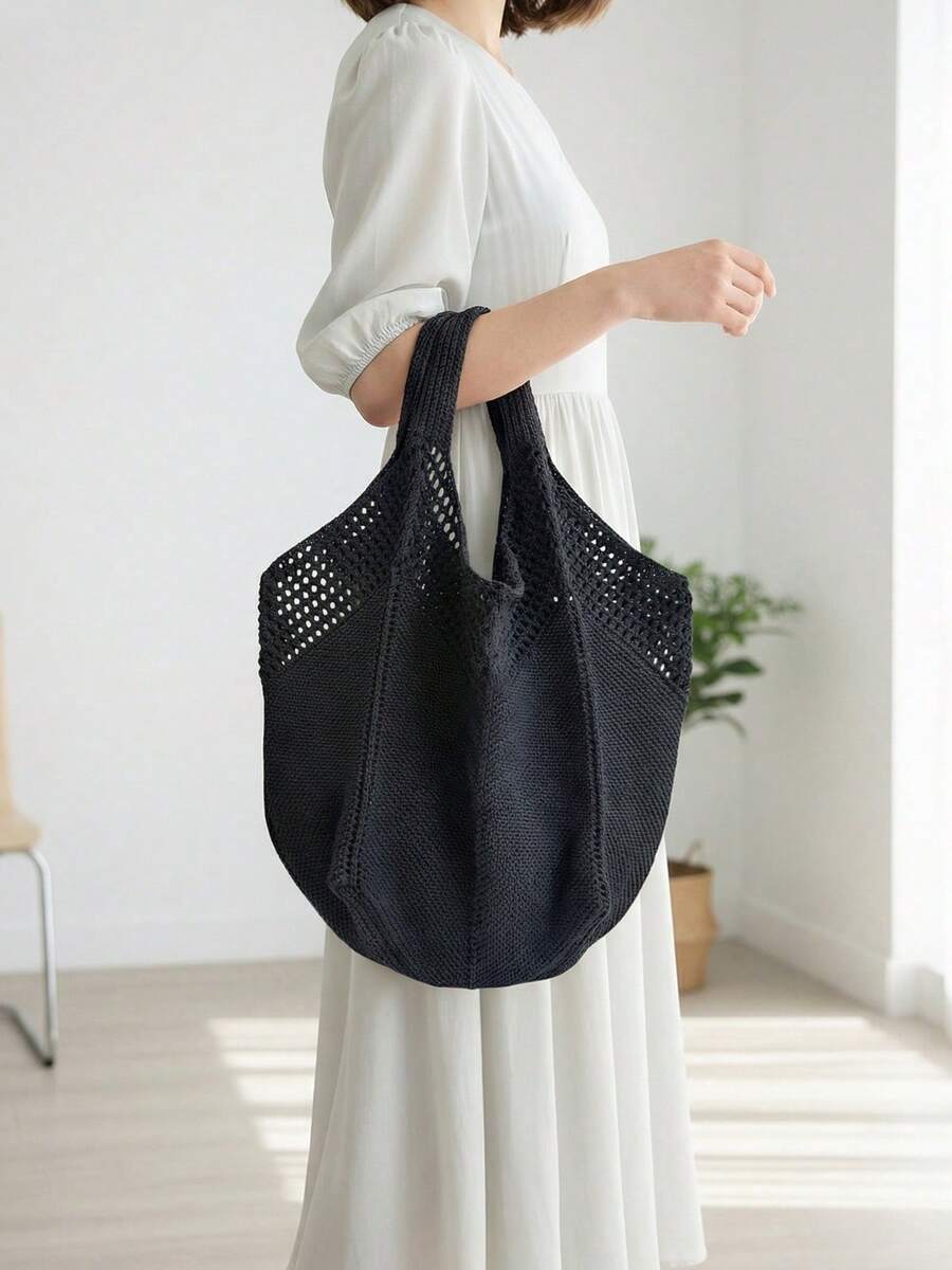 Women's Casual Hollow Out Tote Bag Solid Color Crochet Handbag Lightweight Shoulder Bag For Daily Use And Vacation
